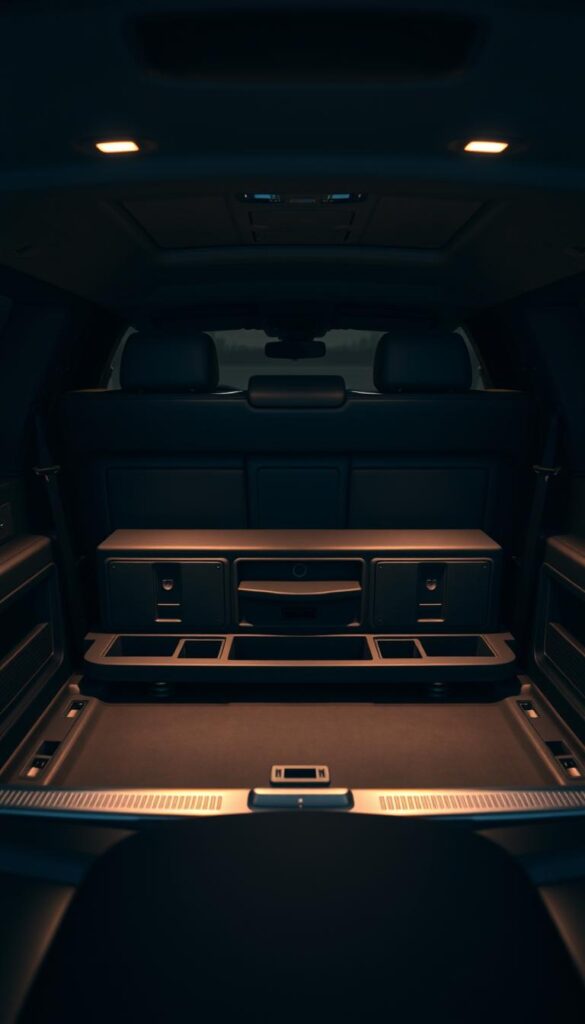 A sleek, high-end Lincoln Navigator cargo management system, bathed in warm, diffused lighting and captured from a low, three-quarter angle. The center console features a large, recessed cargo organizer with carefully designed compartments and dividers, allowing for efficient storage and easy accessibility. Surrounding the cargo area are subtle, brushed metal accents that complement the luxurious, leather-wrapped interior. The clean, minimalist design exudes a sense of sophistication and practicality, perfectly suited for the discerning Navigator owner.