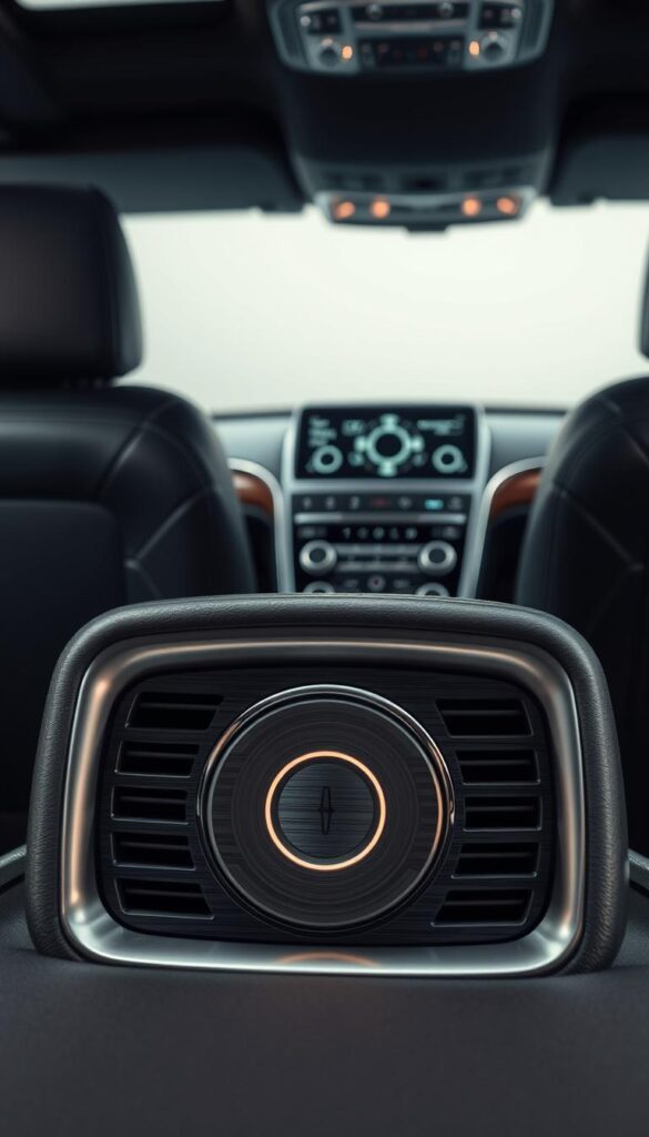 A sleek, high-end Lincoln Navigator sound system against a backdrop of luxury black leather upholstery. In the foreground, a brushed aluminum speaker grill with a glowing LED accent captures the eye, emanating a sense of premium audio technology. The middle ground features a crisp, detailed visualization of the sound system's control panel, showcasing its advanced features and intuitive interface. In the background, soft studio lighting casts a warm, sophisticated glow, highlighting the meticulous craftsmanship and attention to detail that defines the Lincoln Navigator's cabin. The overall atmosphere exudes a harmonious blend of power, refinement, and acoustic excellence.