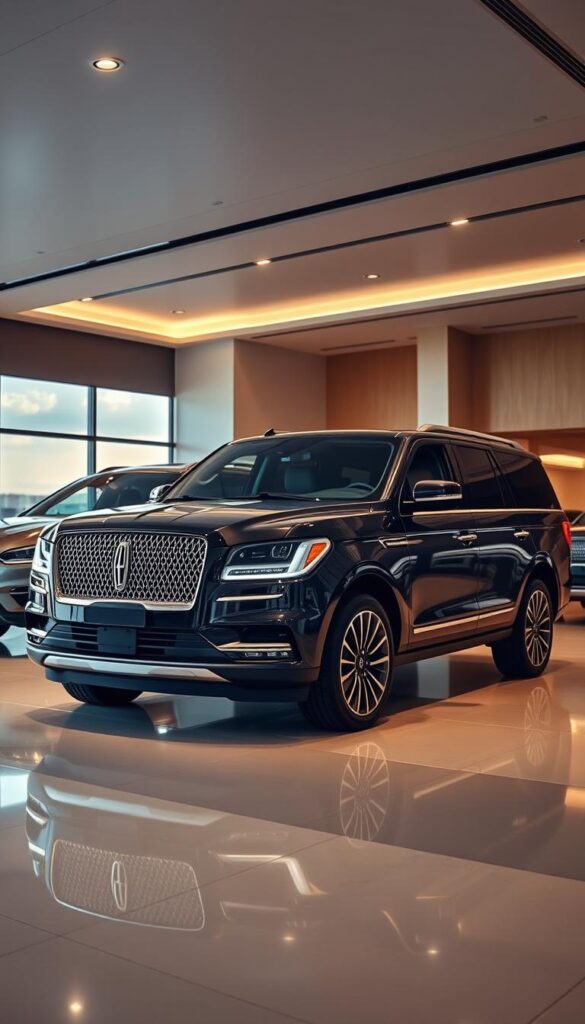 A sleek, high-end luxury SUV showroom, bathed in warm, sophisticated lighting. In the foreground, a metallic black 2018 Lincoln Navigator Black Label stands prominently, its bold, angular design commanding attention. Beside it, a competitor SUV model in a contrasting color, inviting a direct visual comparison. The scene captures the luxurious, refined atmosphere of the Navigator, highlighted by its premium materials, advanced technology, and elegant styling. The overall composition emphasizes the Navigator's striking presence and premium positioning within the segment, guiding the viewer to appreciate its unique attributes.