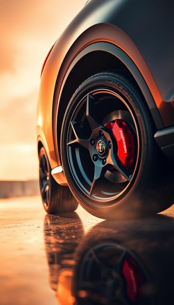 A sleek, high-performance Alfa Romeo Stelvio Quadrifoglio SUV, its Brembo brakes gleaming in the spotlight. The Stelvio's muscular body is captured from a low, dynamic angle, emphasizing its powerful stance. The Brembo calipers, painted in a vibrant red, are the focal point, conveying the vehicle's impressive braking capabilities. The background is hazy, with a subtle reflection of the car on a wet surface, creating a sense of speed and motion. Warm, directional lighting accentuates the Stelvio's sharp lines and sculpted surfaces, highlighting its Italian design flair. The overall mood is one of performance, precision, and automotive excellence. A sleek, high-performance Alfa Romeo Stelvio Quadrifoglio SUV, its Brembo brakes gleaming in the spotlight. The Stelvio's muscular body is captured from a low, dynamic angle, emphasizing its powerful stance. The Brembo calipers, painted in a vibrant red, are the focal point, conveying the vehicle's impressive braking capabilities. The background is hazy, with a subtle reflection of the car on a wet surface, creating a sense of speed and motion. Warm, directional lighting accentuates the Stelvio's sharp lines and sculpted surfaces, highlighting its Italian design flair. The overall mood is one of performance, precision, and automotive excellence.