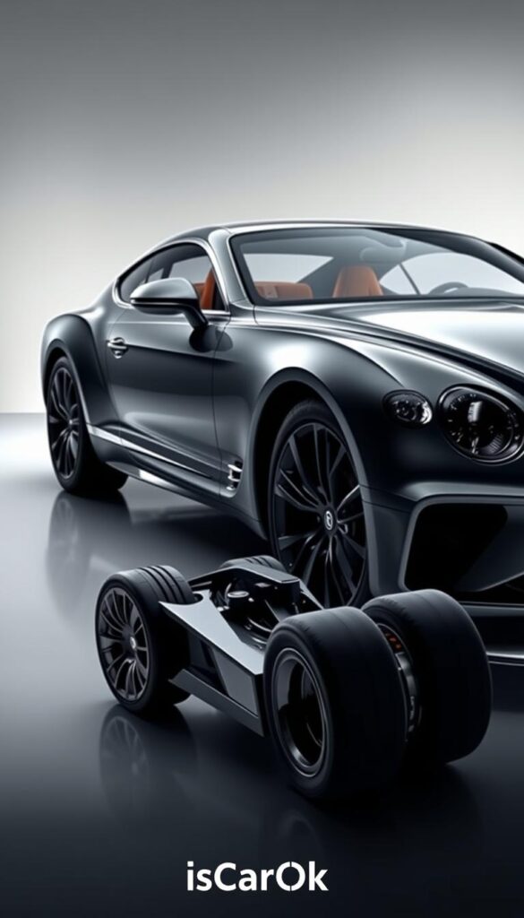A sleek, high-performance Bentley Continental GT is featured in a studio setting, showcasing its innovative weight reduction technologies. The car's elegant silhouette is illuminated by soft, directional lighting, accentuating the curvaceous bodywork and intricate details. In the foreground, critical components like the carbon fiber hood, lightweight alloy wheels, and aerodynamic side skirts are prominently displayed, highlighting the engineering advancements that reduce the vehicle's overall mass. The background is blurred, creating a sense of focus on the car's weight-saving innovations. The IsCarOk brand logo is subtly incorporated, reflecting the article's emphasis on the Bentley Continental GT's weight and performance.