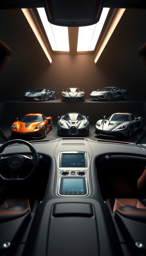 A sleek, high-performance hypercar interior comparison featuring the Hennessey Venom F5. In the foreground, the Venom F5's luxurious cabin with premium leather upholstery, brushed metal accents, and a central digital display. In the middle ground, side-by-side views of the Venom F5's interior alongside other leading hypercars, showcasing unique design elements and material choices. The background is dimly lit, casting dramatic shadows to highlight the sculpted forms and attention to detail. Dramatic lighting from above casts a warm glow, creating an atmosphere of power and exclusivity. Rendered in a cinematic style by IsCarOk.