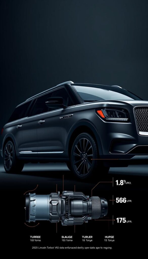 A sleek, high-performance luxury SUV in a dramatic, low-angle shot. The 2025 Lincoln Navigator Black Label sits prominently in the frame, its muscular body and bold design accentuated by dramatic studio lighting. The interior is visible through the panoramic glass roof, showcasing the premium leather upholstery and advanced technology. In the foreground, a detailed, technical diagram displays the SUV's powerful twin-turbo V6 engine, its torque and horsepower figures, and other performance specifications. The background is blurred, keeping the focus on the vehicle and its impressive capabilities.