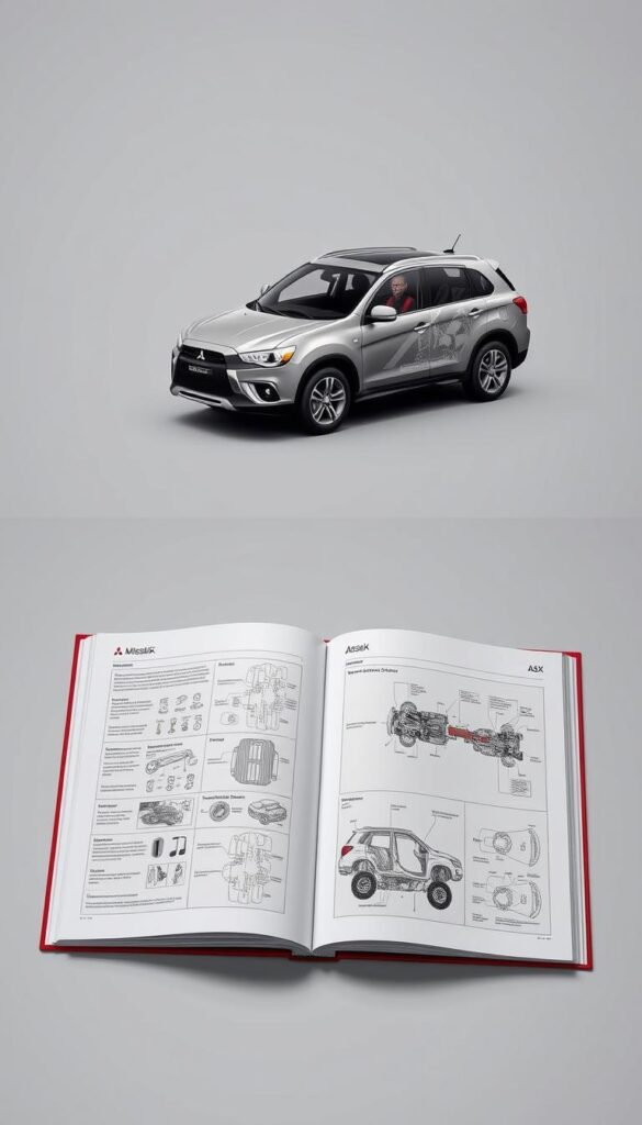 A sleek, high-quality Mitsubishi ASX maintenance guide, with a clean, minimalist design and a professional, technical atmosphere. The guide features detailed schematics and diagrams of the vehicle's key components, shown under warm, directional lighting that highlights the intricate details. The pages are presented against a muted, neutral background, allowing the technical information to take center stage. The overall impression is one of a comprehensive, authoritative resource for ASX owners, created by the brand "IsCarOk".