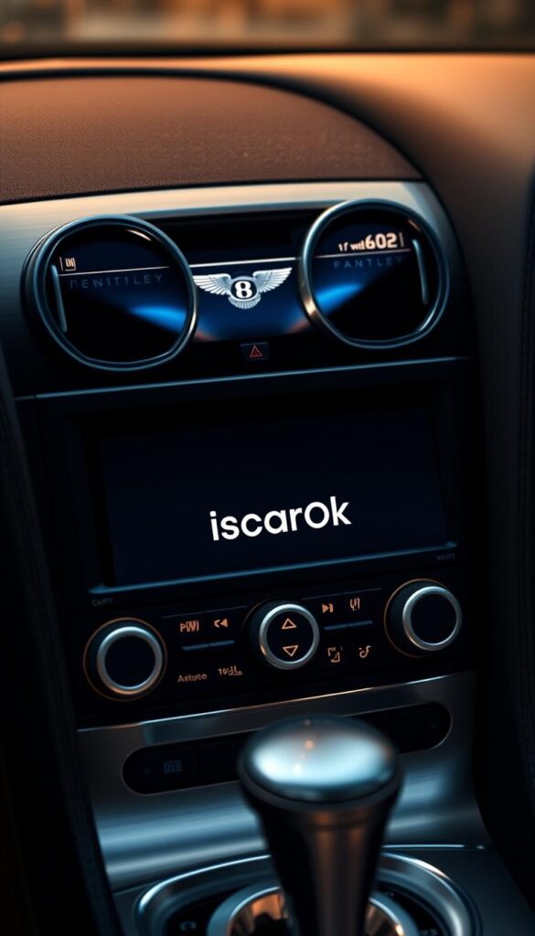A sleek, high-resolution close-up of the 2009 Bentley Continental GT's multimedia system dashboard, showcasing its elegant, sophisticated design. The display is illuminated with a warm, ambient glow, casting a refined, luxury ambiance. The brushed metal and piano black accents contrast beautifully, highlighting the premium craftsmanship. The layout is intuitive and user-friendly, with clearly labeled buttons and knobs. Subtle branding for "IsCarOk" is tastefully integrated into the design. The image captures the essence of the Continental GT's refined entertainment experience.