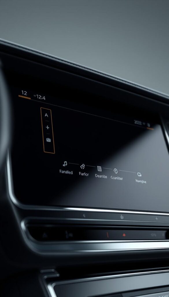 A sleek, high-resolution close-up of the 2024 Lincoln Navigator Black Label's infotainment system display, showcasing its modern, intuitive interface. The 12-inch touchscreen is presented in a well-lit, studio-like setting, with soft shadows and gentle highlights accentuating the display's vibrant colors and crisp graphics. The frame captures the system's clean, minimalist design, with subtle chrome accents and seamless integration into the vehicle's luxurious cabin. The overall tone is one of sophistication and technological sophistication, befitting the Navigator's premium status.