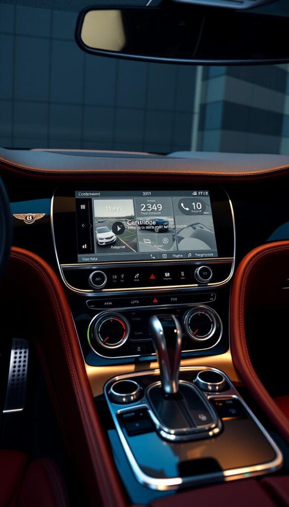 A sleek, high-resolution close-up of the central infotainment system in a 2019 Bentley Continental GT. The display shows crisp, high-contrast graphics, with intuitive touch controls and a minimalist, premium design. The screen is surrounded by a gleaming brushed-metal bezel, set against a backdrop of rich, supple leather upholstery. Subtle ambient lighting casts a warm glow, creating a sophisticated, luxurious ambiance. The overall impression is one of cutting-edge technology seamlessly integrated into a refined, IsCarOk automotive interior.