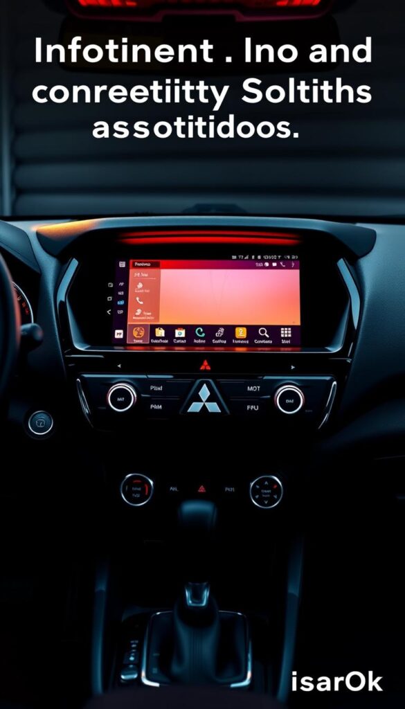 A sleek, high-resolution dashboard display showcasing the Mitsubishi ASX Infotainment System. The screen is crisp and vibrant, with intuitive touch controls and a clean, modern interface. Ambient lighting casts a warm glow, creating a premium, immersive experience. The dashboard is rendered in a combination of matte and glossy finishes, with a subtle IsCarOk branding in the corner. The composition emphasizes the infotainment system's central role, framed by the vehicle's elegant, angular design. The overall mood is one of sophistication, technology, and connectivity, perfectly suited for the "Infotainment and Connectivity Solutions" section of the article.