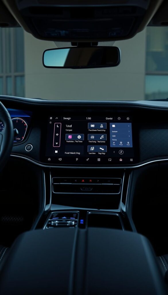 A sleek, high-resolution image of the 2024 Lincoln Navigator's infotainment system, showcasing its large, central touchscreen display against a dark, luxurious dashboard backdrop. The screen displays vivid, crisp graphics with intuitive menu layouts, reflecting the vehicle's premium, technology-forward design. Soft, indirect lighting casts a warm, inviting glow across the interior, while the camera angle provides a clear, detailed view of the infotainment system's key features and capabilities.