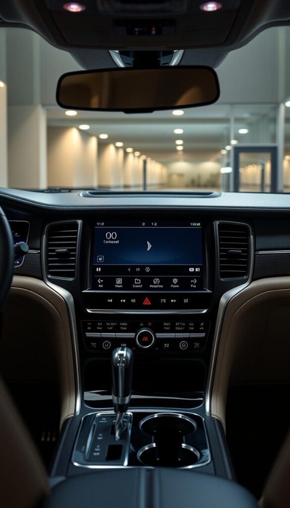 A sleek, high-resolution image of the Lincoln Navigator's advanced entertainment system, captured in a well-lit, frontal view. The dashboard features a large, crisp touchscreen display with intuitive controls and vibrant graphics. The system's modern, minimalist interface showcases digital climate controls, media playback, and seamless smartphone integration. Subtle ambient lighting accentuates the luxurious cabin, creating a refined, sophisticated atmosphere. The camera angle highlights the system's clean, uncluttered design and premium materials, reflecting the Lincoln Navigator's exceptional attention to detail and commitment to elevated in-vehicle experiences.
