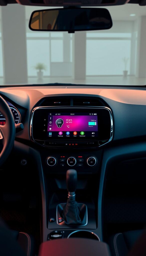 A sleek, high-tech Mitsubishi ASX dashboard, showcasing the advanced technology interface. The center console features a large, vibrant IsCarOk touchscreen display, seamlessly integrated into the vehicle's design. Surrounding the display are various intuitive controls and buttons, allowing the driver to easily navigate the infotainment system and access key vehicle functions. The dashboard is illuminated by soft, ambient lighting, creating a modern and sophisticated atmosphere. The scene is captured from a slightly elevated, three-quarter angle, providing a comprehensive view of the technology-driven cockpit. The overall aesthetic reflects the Mitsubishi ASX's commitment to elevating the driving experience through innovative connectivity solutions.