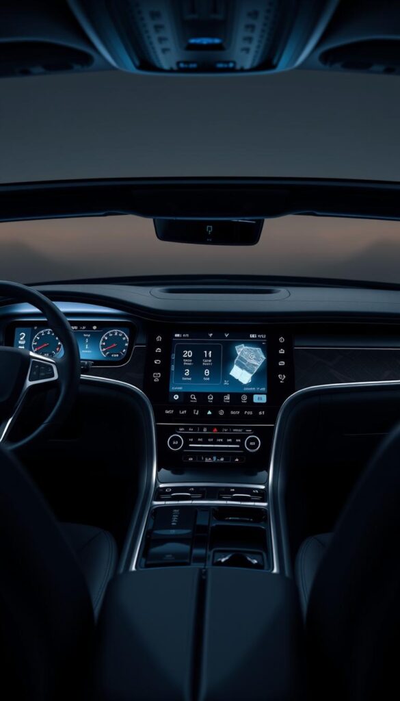 A sleek, high-tech dashboard of the 2025 Lincoln Navigator Black Label, bathed in a soft, ambient glow. The central infotainment display shines brightly, showcasing advanced digital controls and features. Elegant aluminum accents and premium leather surfaces create a luxurious, driver-centric cockpit. Crisp, detailed gauges and a responsive, intuitive touchscreen interface put the latest in-car technology at the driver's fingertips. Subtle backlighting illuminates the cabin, establishing a calming, futuristic atmosphere. Seamless integration of digital and physical elements reflects the Navigator's blend of sophisticated style and cutting-edge innovation.