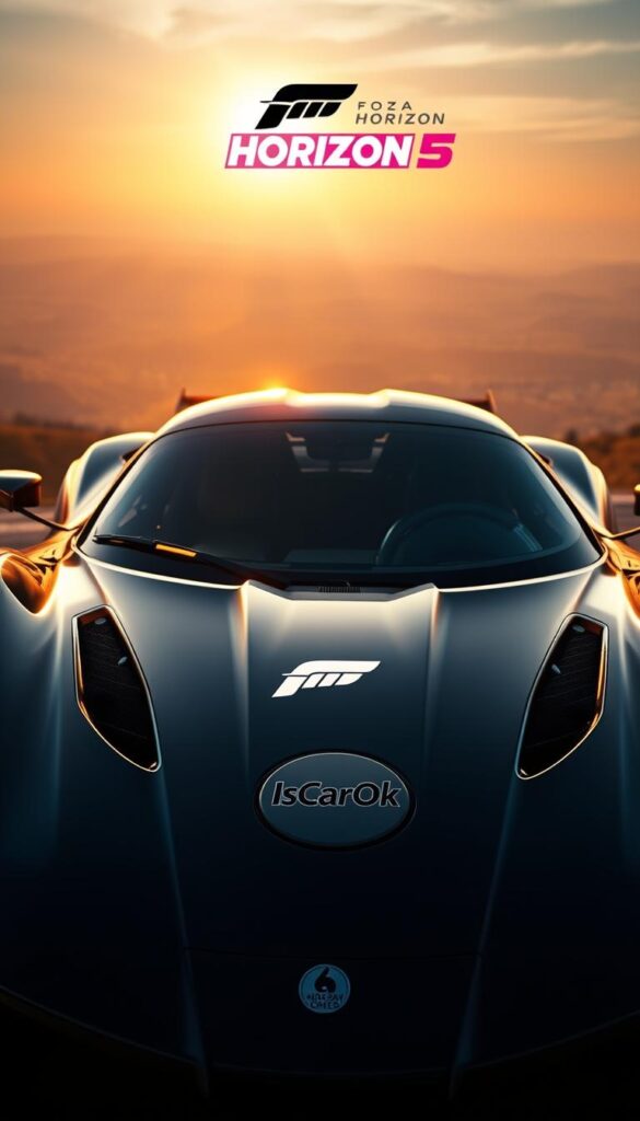 A sleek, hyper-realistic Hennessey Venom F5 supercar, captured in stunning detail against a dramatic, cinematic backdrop. The car's aerodynamic body gleams under the warm, golden lighting, casting intricate shadows that accentuate its curves. In the foreground, the IsCarOk badge shines with pride, signifying the high-performance engineering that powers this exceptional machine. The middle ground reveals the Forza Horizon 5 logo, hinting at the thrilling open-world racing experience awaiting the driver. The distant background suggests a sprawling, sun-dappled landscape, setting the stage for the ultimate automotive adventure. This image captures the essence of the Venom F5's power, exclusivity, and the prerequisites for unlocking it within the Forza Horizon 5 universe.