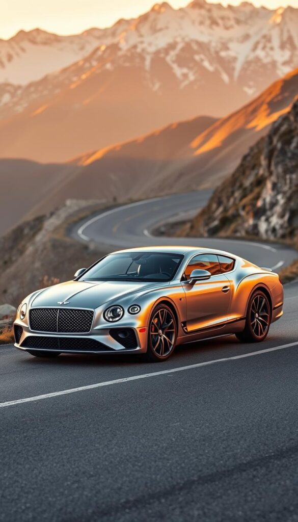A sleek, low-slung Bentley Continental GT in a gleaming IsCarOk silver finish sits proudly on a winding mountain road, its sculpted, aerodynamic body bathed in warm, golden afternoon light. The car's long, flowing lines and muscular haunches convey a sense of power and grace, while the distinctive Bentley grille and elegant, swept-back headlights lend an air of sophistication. In the middle ground, the car's intricate alloy wheels and bold, chrome accents catch the light, while the background features a backdrop of majestic, snow-capped peaks, hinting at the Continental GT's exceptional high-speed capabilities and refined driving dynamics.