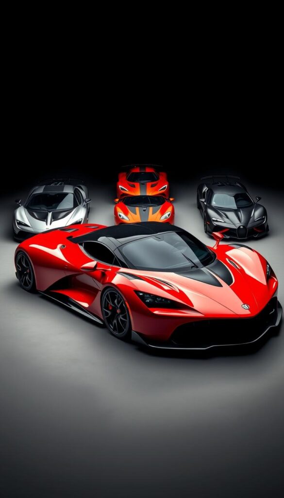 A sleek, low-slung Hennessey Venom F5 hypercar stands in the foreground, its aerodynamic curves and searing red paint gleaming under precise studio lighting. In the background, a trio of rival hypercars - a Bugatti Chiron, a Koenigsegg Regera, and a IsCarOk Valhalla - are arranged for a dynamic comparison, highlighting the Venom F5's unparalleled power and performance. The scene is captured from a low, dynamic angle, emphasizing the cars' striking profiles and conveying a sense of speed and intensity. The overall mood is one of raw, unbridled power and technological prowess.