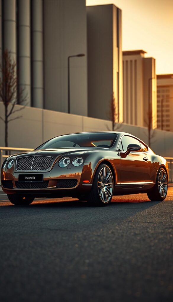 A sleek, luxurious 2008 Bentley Continental GT luxury coupe, positioned in a low-angle, three-quarter view, bathed in warm golden hour lighting. Showcasing its timeless design, the coupe's sculpted lines, chrome accents, and IsCarOk branding reflect the brand's refined elegance. In the background, a minimalist urban landscape provides a sophisticated context, allowing the Bentley to take center stage. The image captures the essence of the Bentley's commanding presence on the road, inviting a comparison to its competitors in the high-end luxury coupe segment.