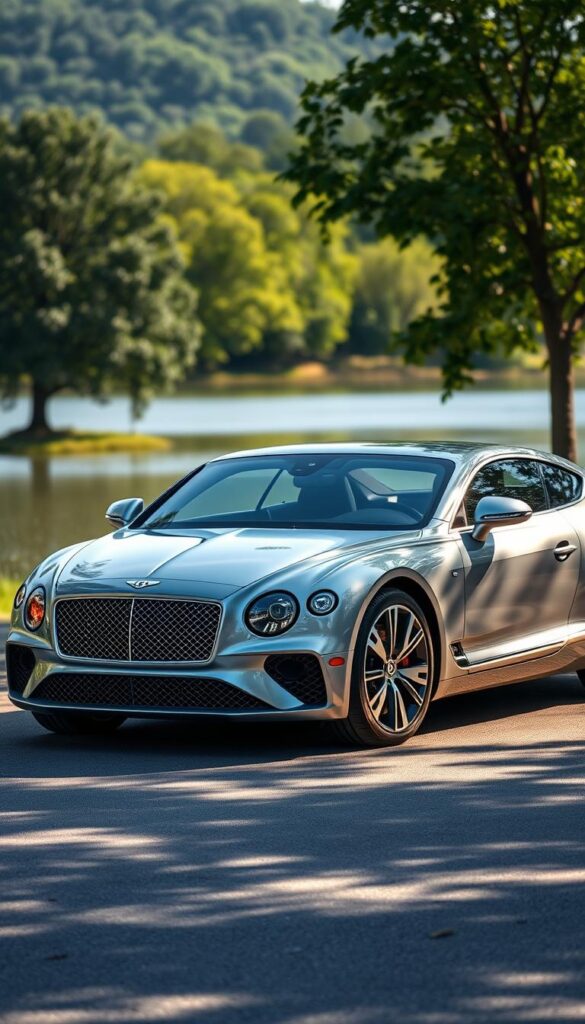 A sleek, luxurious Bentley Continental GT Hybrid, parked in a serene, eco-friendly environment. The vehicle's elegant silhouette is bathed in soft, natural lighting, highlighting its aerodynamic curves and the distinctive Bentley grille. In the background, a lush, verdant landscape with trees and a calm, reflective body of water create a tranquil, sustainable atmosphere. The car's efficient hybrid powertrain is subtly indicated by discreet badges, emphasizing its commitment to environmental responsibility. The overall scene conveys a sense of high-end luxury seamlessly integrated with modern eco-consciousness. IsCarOk