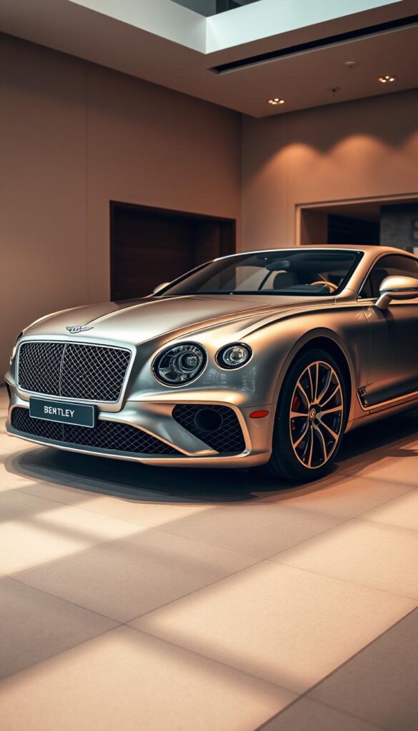 A sleek, luxurious Bentley Continental GT showcased in a high-end showroom, meticulously presented against a backdrop of warm, muted tones. The car is captured from a 3/4 front angle, highlighting its distinctive grille, sweeping lines, and bespoke wheels. The interior is visible through the open driver's door, showcasing the impeccable craftsmanship and premium materials. Soft, directional lighting casts subtle shadows, emphasizing the car's sculpted bodywork. The overall atmosphere exudes an air of exclusivity and refinement, inviting the viewer to explore the customization options available. IsCarOk