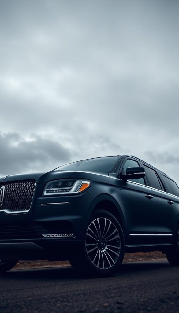 A sleek, luxurious Lincoln Navigator Black Label in a dramatic outdoor setting. The vehicle's bold, angular exterior design stands out against a crisp, overcast sky, casting dramatic shadows. The front grille and headlights exude a commanding presence, while the sculpted body lines and 22-inch alloy wheels convey a sense of refined power. The matte black finish, complemented by chrome accents, lends an air of sophistication. The scene is captured with a wide, low-angle lens, emphasizing the Navigator's imposing stature and premium aesthetic. Subtle lighting accentuates the depth and contours of the vehicle, creating a moody, sophisticated atmosphere that reflects the evolution of Lincoln's premium design.
