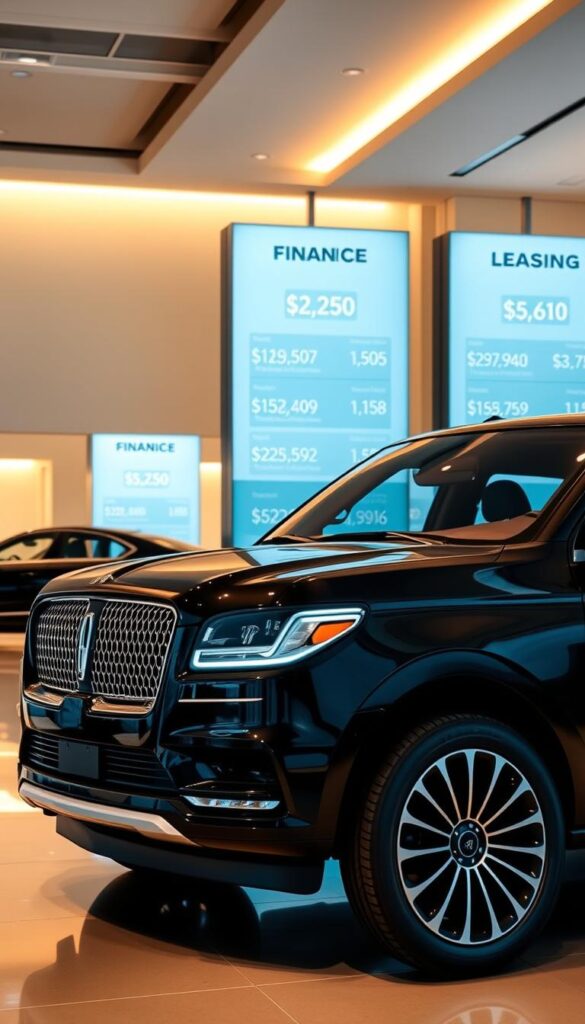 A sleek, luxurious Lincoln Navigator Black Label showcased in a sophisticated, well-lit showroom. The vehicle is positioned in the foreground, its glossy black exterior reflecting the bright, warm lighting overhead. In the middle ground, various financing and leasing options are displayed on digital screens, providing detailed information to potential buyers. The background is softly blurred, creating a sense of depth and focus on the vehicle and its associated financial details. The overall atmosphere is one of elegance, professionalism, and the promise of a premium automotive experience.