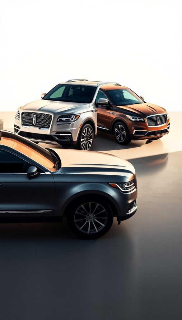 A sleek, luxurious Lincoln Navigator SUV prominently displayed in the foreground, its chrome trim and elegant lines gleaming under the soft, warm lighting. In the middle ground, a side-by-side comparison with a rival luxury SUV, emphasizing the Navigator's superior size, presence, and premium features. The background features a minimalist, high-end setting, with subtle shadows and reflections that enhance the vehicles' sense of luxury and exclusivity. The overall scene conveys a powerful, sophisticated impression, showcasing the Lincoln Navigator's competitive advantage in the luxury SUV segment.