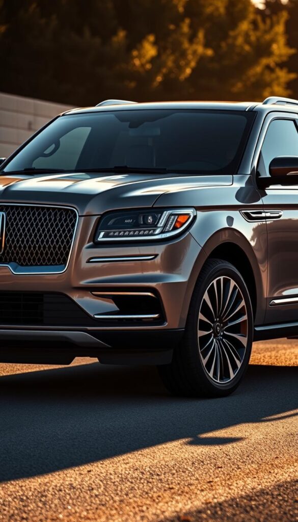 A sleek, luxurious Lincoln Navigator in a crisp exterior design, captured from a dynamic three-quarter angle. The front grille features a bold, chrome-accented mesh design, flanked by slim, angular LED headlights that convey a sense of power and sophistication. The long, sculpted hood leads to a gracefully sloping roofline, while prominent fender flares and sculpted body panels create a muscular, refined silhouette. Warm, golden sunlight casts dynamic shadows, highlighting the vehicle's elegant curves and chrome trim details. The overall impression is one of understated elegance and commanding presence, befitting the Lincoln Black Label Navigator's status as a true flagship luxury SUV.