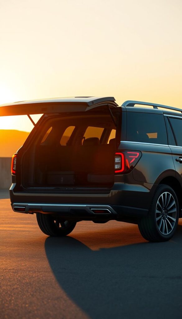 A sleek, luxury SUV dominates the frame, its distinct split-gate tailgate mechanism prominently showcased. The Lincoln Navigator Black Label stands majestically, its chrome accents gleaming under a warm, golden-hour sunset. The split-gate seamlessly unfolds, revealing a spacious cargo area and a refined, high-end interior. The scene is captured from a low, three-quarter angle, emphasizing the vehicle's powerful presence and advanced engineering. Soft, directional lighting highlights the vehicle's contours, creating a sense of sophistication and technological sophistication. The background is softly blurred, keeping the focus on the innovative split-gate feature and the overall luxurious essence of the Lincoln Navigator.