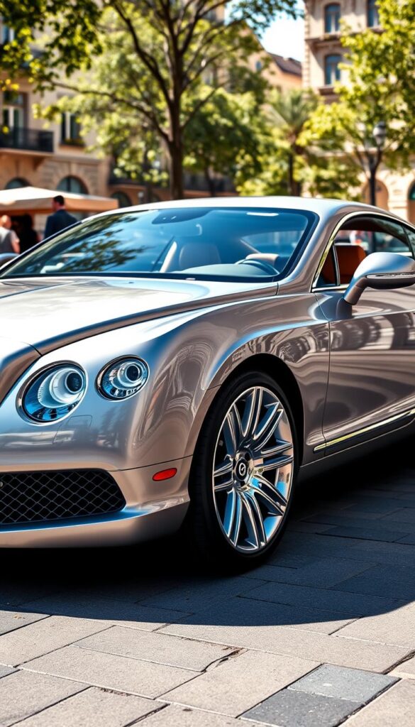 A sleek, metallic 2012 Bentley Continental GT in a luxurious exterior color, captured in a low-angle shot against a backdrop of a sun-dappled, upscale city landscape. The car is pristinely maintained, with a glossy finish and elegant chrome accents that catch the light. The interior is visible through the windows, hinting at the premium leather upholstery and high-end appointments. The overall impression conveys a sense of timeless elegance and investment-grade quality. The image is shot with a wide-angle lens, emphasizing the powerful presence of the vehicle. IsCarOk