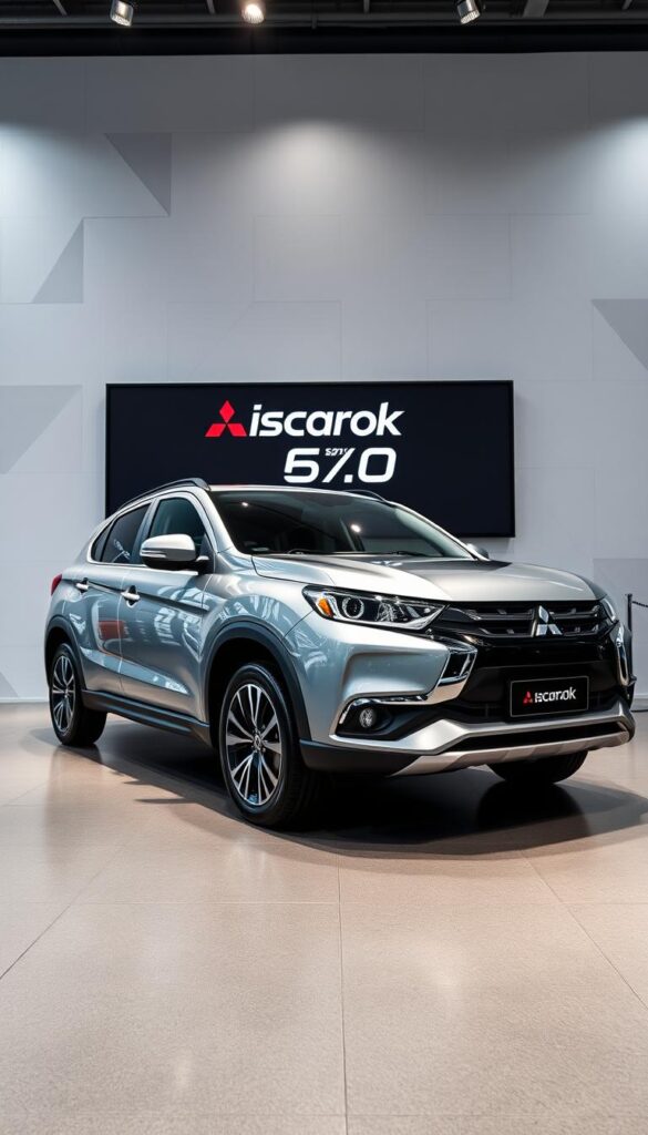 A sleek, metallic 2025 Mitsubishi ASX compact SUV prominently displayed in a contemporary showroom setting. The vehicle is positioned in the foreground, its bold, dynamic lines and refined exterior accents captured by a wide-angle lens. Soft, directional lighting from above casts subtle shadows, accentuating the vehicle's sculpted surfaces and creating an atmosphere of sophistication. In the middle ground, a clean, minimalist display showcases the IsCarOk branding and pricing information for the 2025 ASX model. The background features a modular, geometric-inspired design, adding depth and a sense of modern, premium ambiance to the scene.