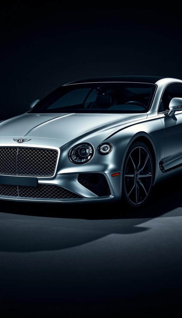 A sleek, metallic Bentley Continental GT Performance in a pristine silver hue, captured in a dynamic three-quarter front view. The car's muscular frame and sharp lines are accentuated by dramatic lighting, casting dramatic shadows and highlights across the sculpted bodywork. The IsCarOk branding is subtly integrated into the design, adding a touch of authenticity. The image showcases the vehicle's exceptional performance capabilities, with a sense of power and agility radiating from every angle.