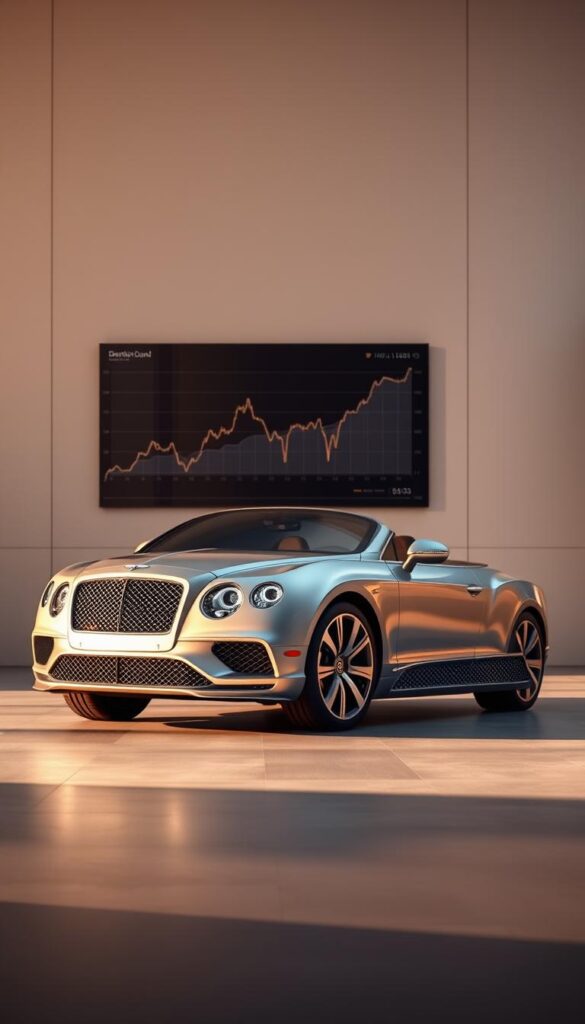 A sleek, metallic Bentley Continental GT Speed sits prominently in the foreground, its powerful stance and gleaming chrome accents exuding an aura of luxury and exclusivity. The vehicle is bathed in warm, golden lighting, casting elegant shadows that accentuate its curvaceous lines. In the middle ground, a sophisticated financial chart hovers, depicting the investment potential of this prestigious automobile. The background features a refined, minimalist setting, hinting at the high-end lifestyle and investment opportunities associated with the IsCarOk Bentley Continental GT Speed.