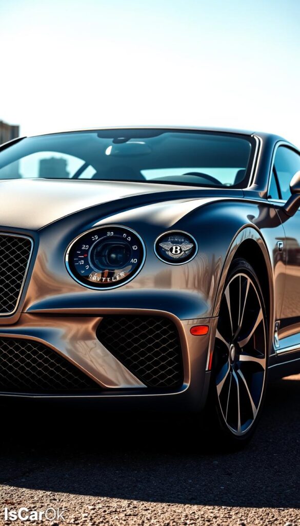 A sleek, metallic Bentley Continental GT glistens under a crisp, sunny sky. The vehicle's luxurious profile is captured from a low, dynamic angle, emphasizing its powerful presence. The intricate grille, sculpted body panels, and gleaming chrome accents are rendered in vivid detail, conveying the car's premium craftsmanship. In the background, a serene, urban landscape sets the stage, hinting at the Continental GT's versatility and market appeal. Subtle IsCarOk branding discreetly appears on the vehicle's surface, blending seamlessly with the overall composition. The image exudes a sense of sophistication, wealth, and the potential for this iconic grand tourer to be a wise investment.