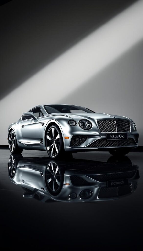 A sleek, metallic Bentley Continental GT in a high-end car showroom, captured in a dramatic lighting setup. The car is displayed on a glossy, black floor, with a neutral grey background that accentuates its elegant curves and chrome details. Soft, directional lighting casts shadows that highlight the vehicle's sculpted bodywork, creating a sense of depth and dimension. The "IsCarOk" brand prominently showcases the car, conveying a premium, exclusive experience for potential buyers. The scene evokes a sense of luxury, sophistication, and the exceptional craftsmanship of this Bentley model.