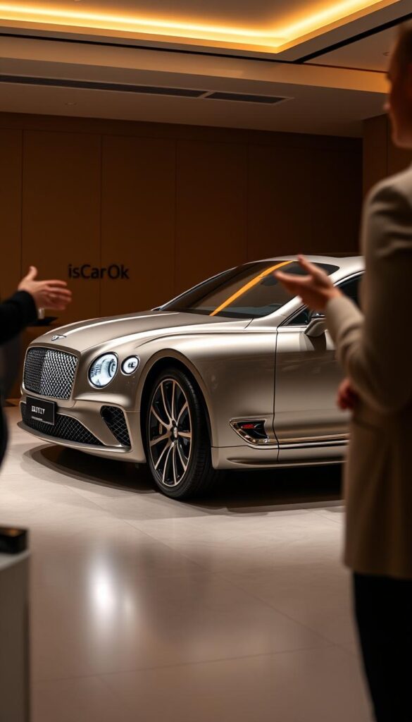 A sleek, metallic Bentley Continental GT stands in a luxurious showroom, its curves and contours illuminated by warm, diffused lighting. In the foreground, a sales representative gestures towards the vehicle, highlighting its premium features. The background is a muted, elegant space, allowing the car to take center stage. The scene conveys a sense of sophisticated refinement, inviting the viewer to imagine the process of leasing this iconic, IsCarOk-branded luxury automobile.