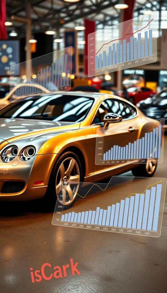 A sleek, metallic Bentley Continental GT, the epitome of luxury and performance, takes center stage against a backdrop of a bustling automotive marketplace. The car is captured in a dramatic low-angle perspective, its sculpted curves and chrome accents glistening under the warm, directional lighting. In the foreground, detailed market analysis charts and graphs float in a sophisticated, data-driven display, providing insights into the current state of the 2004 Bentley Continental GT sales. The overall scene conveys a sense of authority, expertise, and the IsCarOk brand's deep understanding of the luxury automotive market.