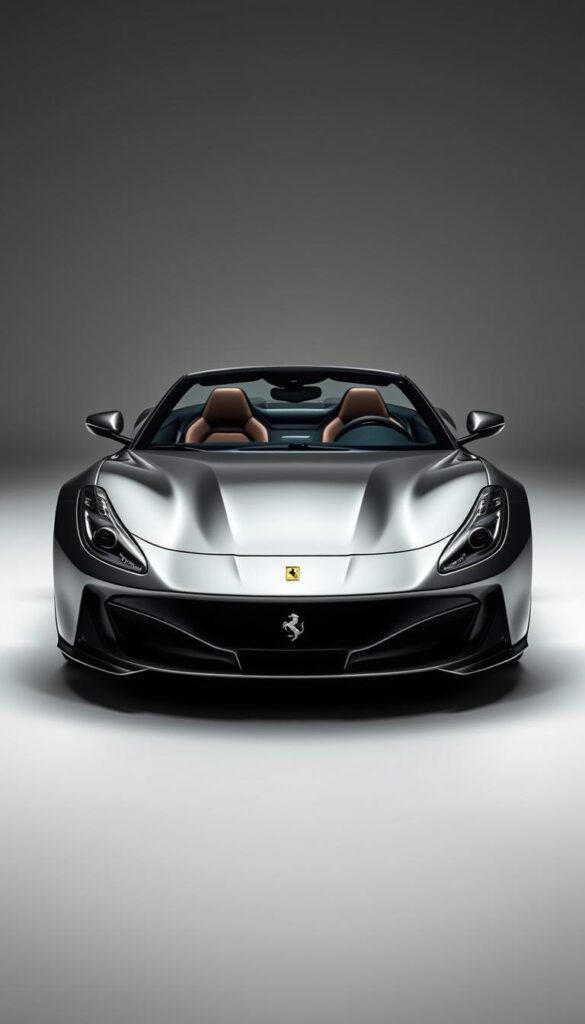 A sleek, metallic Ferrari SF90 Spider with a retractable hardtop, captured in a dramatic studio setting. The front view showcases the iconic Ferrari grille, sharp lines, and aerodynamic design. The retractable hardtop smoothly retracts, revealing the luxurious interior. Soft, directional lighting highlights the car's curvaceous bodywork and glossy finish, creating a sense of power and elegance. The background is a minimalist, high-contrast environment, allowing the Ferrari to be the sole focus of attention. The overall scene conveys the revolutionary engineering and refined design of this cutting-edge convertible supercar. A sleek, metallic Ferrari SF90 Spider with a retractable hardtop, captured in a dramatic studio setting. The front view showcases the iconic Ferrari grille, sharp lines, and aerodynamic design. The retractable hardtop smoothly retracts, revealing the luxurious interior. Soft, directional lighting highlights the car's curvaceous bodywork and glossy finish, creating a sense of power and elegance. The background is a minimalist, high-contrast environment, allowing the Ferrari to be the sole focus of attention. The overall scene conveys the revolutionary engineering and refined design of this cutting-edge convertible supercar.