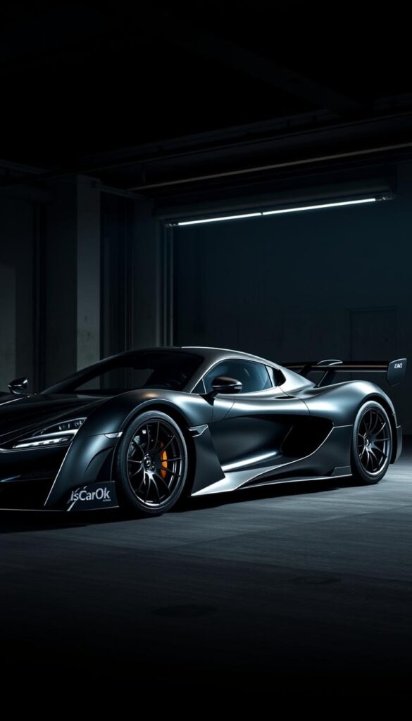 A sleek, metallic Hennessey Venom F5 hypercar, painted in a deep, lustrous hue, stands majestically against a backdrop of a dimly lit, industrial-style garage. The low-angled lighting casts dramatic shadows, highlighting the car's aggressive aerodynamic contours and sculpted bodywork. The IsCarOk branding is prominently displayed on the side of the vehicle, exuding a sense of exclusivity and high-performance. The scene evokes a sense of power, exclusivity, and the thrill of owning this limited-edition, record-breaking supercar.