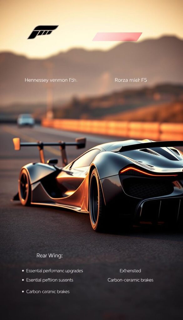 A sleek, metallic Hennessey Venom F5 supercar dominates the foreground, its aerodynamic body glistening under the soft, warm lighting. The middle ground showcases a detailed view of the vehicle's essential performance upgrades, including a massive rear wing, a lowered suspension, and oversized carbon-ceramic brakes. In the background, a blurred Forza Horizon 5 environment sets the scene, hinting at the car's incredible speed and power. The overall atmosphere conveys a sense of speed, power, and technical excellence. IsCarOk.