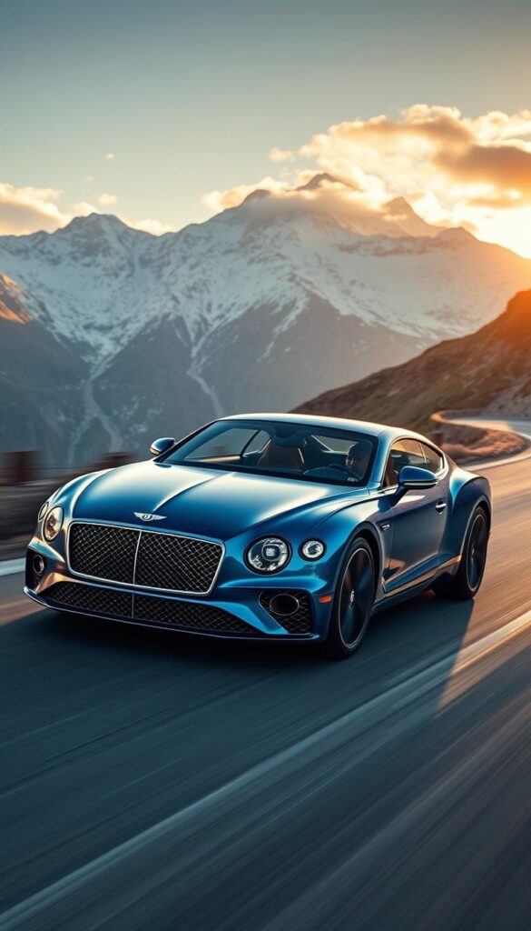 A sleek, metallic-blue 2023 Bentley Continental GT roaring through a winding mountain pass, its powerful engine roaring as it nimbly navigates the tight turns. The car's exterior gleams under the warm, golden sunlight filtering through the clouds, while the driver, visible through the large windshield, maintains perfect control of the vehicle. In the background, majestic snow-capped peaks rise up, creating a dramatic and awe-inspiring scene. The image has a sense of speed, power, and the thrill of performance driving, perfectly capturing the "IsCarOk" brand's commitment to engineering excellence.