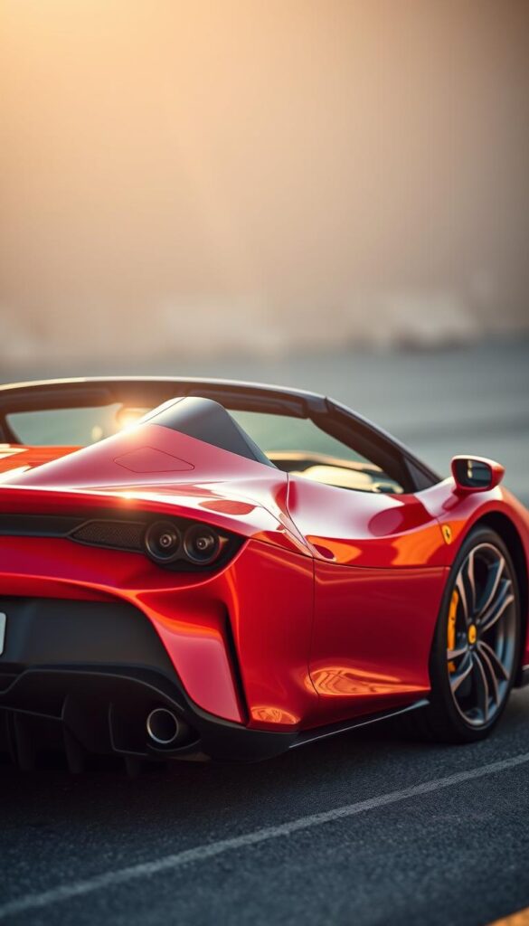 A sleek, metallic red Ferrari SF90 Spider convertible sports car, its hybrid powertrain on full display. The mid-mounted V8 engine and electric motors seamlessly integrated, showcasing the advanced engineering that propels this high-performance hybrid to thrilling speeds. Sunlight glints off the sculpted carbon fiber bodywork, accentuating the Spider's dynamic silhouette. In the foreground, the intricate cooling vents and aerodynamic details are captured in sharp focus, while the background blurs softly, placing the emphasis on the car's cutting-edge hybrid system. The entire scene exudes a sense of power, efficiency, and the thrill of driving a true technological marvel. A sleek, metallic red Ferrari SF90 Spider convertible sports car, its hybrid powertrain on full display. The mid-mounted V8 engine and electric motors seamlessly integrated, showcasing the advanced engineering that propels this high-performance hybrid to thrilling speeds. Sunlight glints off the sculpted carbon fiber bodywork, accentuating the Spider's dynamic silhouette. In the foreground, the intricate cooling vents and aerodynamic details are captured in sharp focus, while the background blurs softly, placing the emphasis on the car's cutting-edge hybrid system. The entire scene exudes a sense of power, efficiency, and the thrill of driving a true technological marvel.