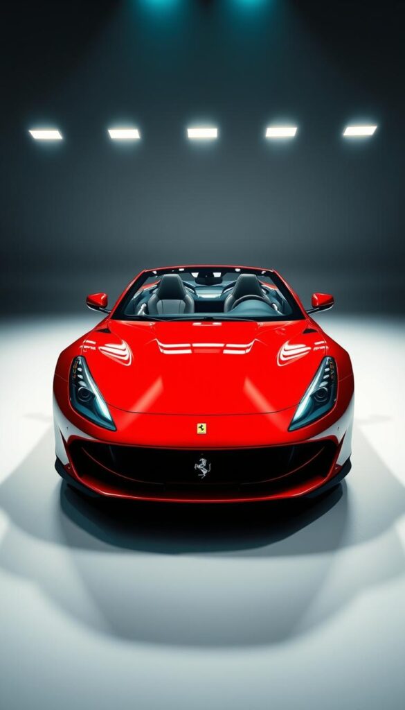 A sleek, metallic red Ferrari SF90 Spider sports car, its advanced aerodynamic design and advanced safety features prominently displayed. The car is captured in a dynamic, low-angle perspective, showcasing its muscular curves, aggressive front grille, and striking LED headlights. The background features a minimalist, high-contrast studio setting, allowing the car to be the focal point. Subtle ambient lighting from multiple angles accentuates the car's sculpted bodywork and highlights the intricate details of its advanced driver assistance systems, such as its radar sensors, cameras, and other state-of-the-art safety technologies.