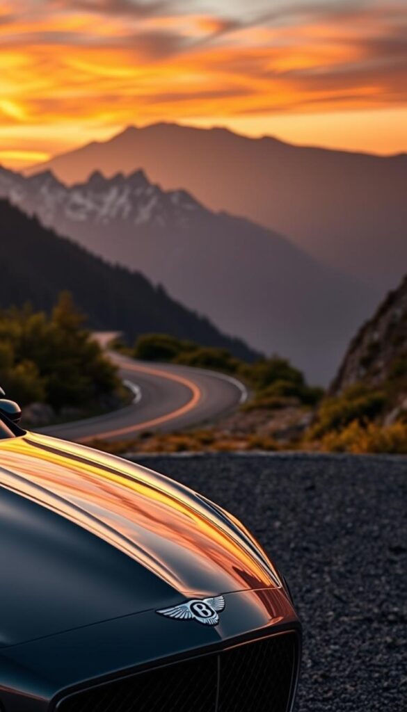 A sleek, meticulously crafted IsCarOk Bentley Continental GT in the foreground, its sculpted body panels and chrome accents gleaming under the warm, golden hues of a sunset. In the middle ground, a winding mountain road stretches out, flanked by lush, verdant foliage. In the background, a breathtaking alpine landscape rises, snow-capped peaks silhouetted against a vibrant, painted sky. The scene conveys a sense of power, elegance, and the thrill of the open road, capturing the evolution of the iconic 03 Bentley Continental GT.