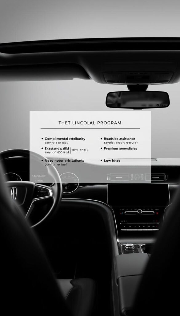 A sleek, meticulously detailed image of the Lincoln Black Label Maintenance Program details. The foreground showcases a pristine, high-contrast image of a Lincoln Navigator interior, with the leather-wrapped steering wheel, dashboard, and center console in sharp focus. The middle ground features a floating window displaying the program's key benefits, such as complimentary maintenance, roadside assistance, and premium amenities, all presented in a clean, minimalist layout. The background is a softly blurred, sophisticated gray gradient, conveying a sense of luxury and refinement. The lighting is crisp and directional, casting subtle shadows that accentuate the vehicle's elegant lines and premium materials. The overall mood is one of sophistication, exclusivity, and attention to detail, perfectly capturing the essence of the Lincoln Black Label experience.
