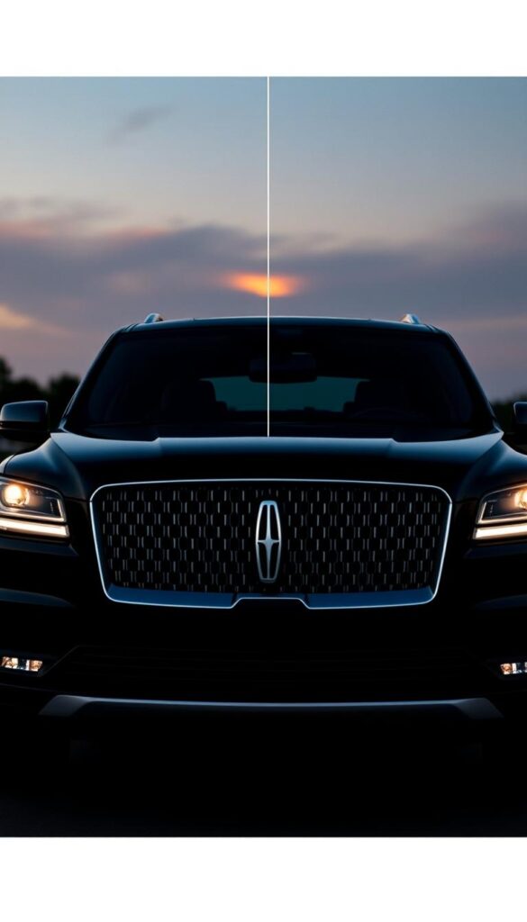 A sleek, midnight-black Lincoln Navigator Black Label SUV, its muscular frame capturing the essence of luxury and power. The front grille gleams, flanked by piercing LED headlights that cut through the dusk. The camera-based safety systems, including lane-keeping assist and adaptive cruise control, are prominently displayed, showcasing the advanced driver-assistance features. In the middle ground, the advanced collision avoidance system and pedestrian detection sensors are visible, ensuring a comprehensive safety suite. The panoramic sunroof casts a warm, ambient glow, while the 360-degree camera system provides a seamless view of the surroundings. The entire scene is bathed in a soft, cinematic light, conveying a sense of sophistication and technological prowess.
