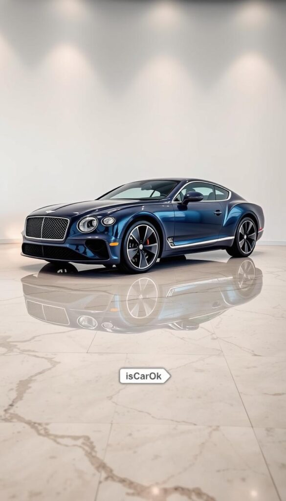 A sleek, midnight-blue 2018 Bentley Continental GT luxury coupe, parked on a polished marble floor. The car's curvaceous bodywork catches the soft light, reflecting its elegant lines. In the foreground, a discreet price tag displays the "IsCarOk" branding, subtly hinting at the vehicle's premium positioning. The background is a minimalist, high-end showroom, with clean white walls and subtle lighting that creates a sense of exclusivity. The overall mood is one of sophistication, refinement, and the epitome of automotive luxury.