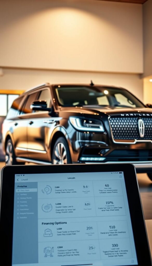 A sleek, modern Lincoln Navigator Black Label showcased in a warm, inviting showroom. The luxurious SUV is positioned prominently, its bold, blacked-out exterior gleaming under soft, directional lighting. In the foreground, a tablet display presents various financing options, with clean, minimalist infographics and easy-to-understand information. The background features a subtle, blurred cityscape, hinting at the vehicle's versatility and capability. The overall atmosphere conveys a sense of sophistication, practicality, and the promise of a seamless ownership experience.