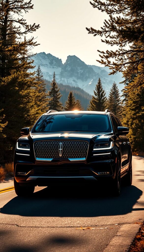 A sleek, modern Lincoln Navigator SUV gliding effortlessly down a winding mountain road, surrounded by lush, verdant foliage. The vehicle's imposing yet elegant silhouette is illuminated by warm, golden sunlight filtering through the trees, casting intricate shadows across its shiny, metallic surface. The image focuses on the Navigator's front grille and headlights, showcasing the advanced aerodynamic design and energy-efficient LED technology. In the background, a stunning vista of snow-capped peaks and a clear, azure sky convey a sense of tranquility and environmental consciousness. The overall scene evokes a harmonious blend of luxury, performance, and eco-friendliness.