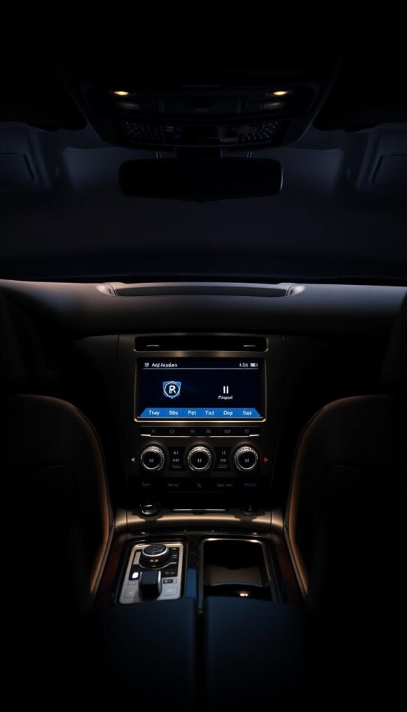 A sleek, modern Lincoln Navigator premium audio system sits prominently in a dimly lit, luxurious interior. Soft, ambient lighting casts a warm glow, highlighting the elegant brushed-metal faceplate and crisp, high-resolution display. Precise controls and knobs offer intuitive tactile interaction, while hidden speakers deliver enveloping, high-fidelity sound. The system is framed by rich, buttery leather upholstery and polished wood accents, exuding a sense of sophisticated refinement. A subtle, moody atmosphere evokes the calm, serene experience of an exclusive, top-of-the-line audio system in a flagship luxury SUV.