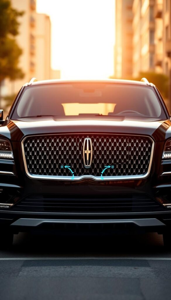 A sleek, modern Lincoln Navigator with its advanced safety systems in focus. In the foreground, a detailed view of the Navigator's forward-facing radar and camera sensors, seamlessly integrated into the front grille. The middle ground showcases the adaptive cruise control, lane-keeping assist, and automatic emergency braking features, all working in harmony to provide a secure driving experience. The background features a softly blurred urban landscape, hinting at the Navigator's capability to navigate city streets with confidence. Warm, natural lighting casts a subtle glow, conveying a sense of sophistication and technological prowess.