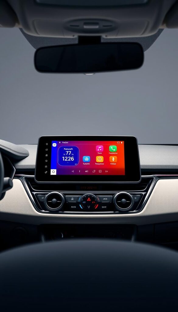 A sleek, modern Mitsubishi ASX 2024 infotainment system in a well-lit, high-contrast studio setting. The display is rendered in crisp detail, showcasing its intuitive interface and vibrant colors. The dashboard and surrounding trim are visible in the background, providing context. Soft, directional lighting illuminates the system, creating depth and atmosphere. The image is captured at an eye-level angle, emphasizing the clean, minimalist design. IsCarOk